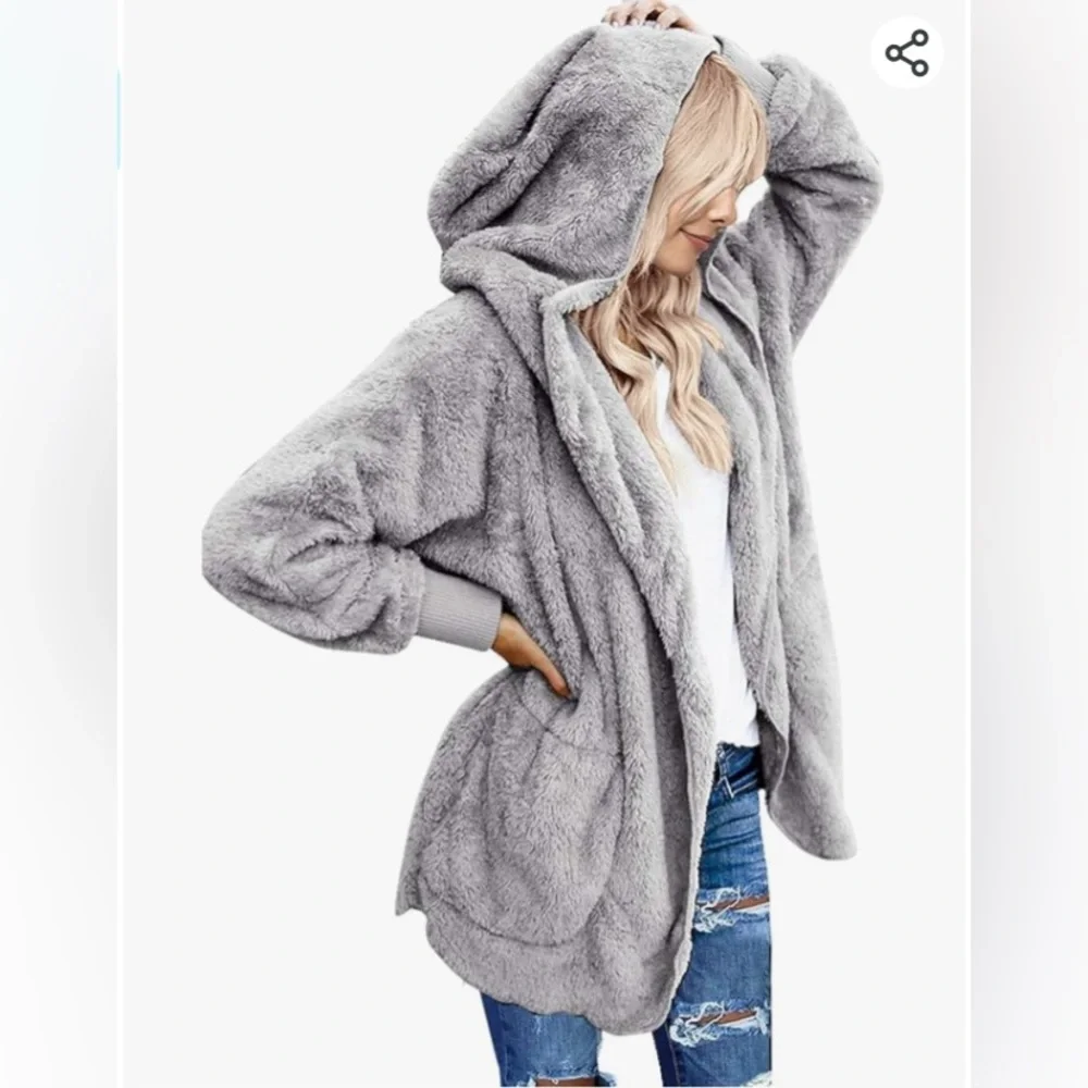 luvamia Fuzzy Fleece Open Front Pockets Hooded Cardigan Jacket Coat Outwear - Picture 1 of 6